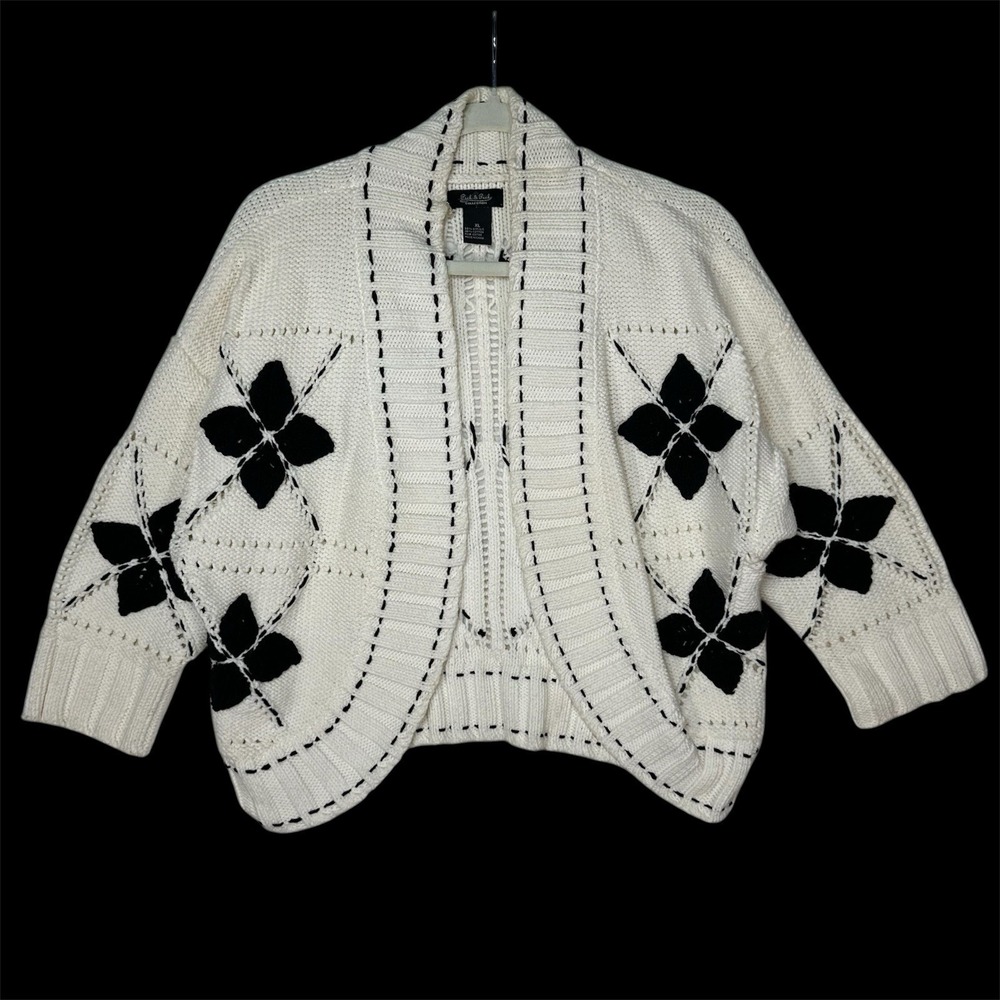 Peck & Peck Collection XL White Knit Cardigan Black Flower Boho Grandmacore